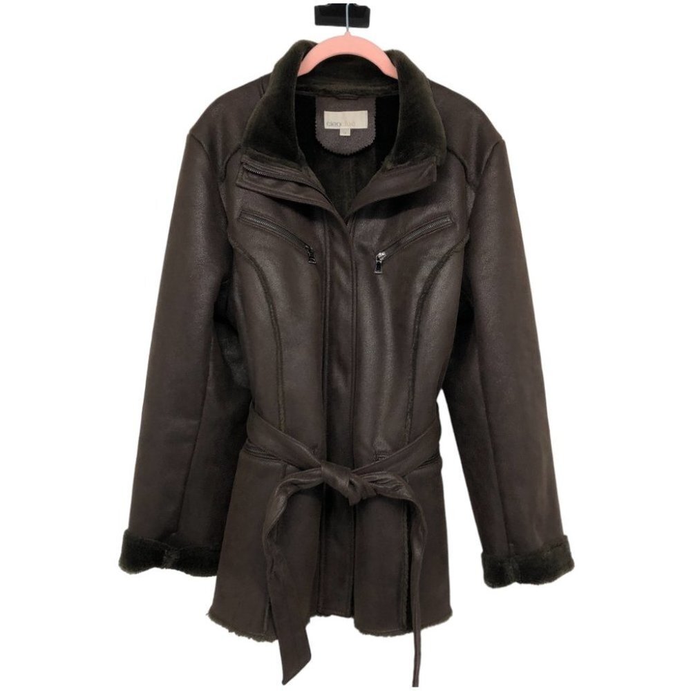 Cleo Brown Mouton Faux Suede Leather + Fur lined Marc-R Coat size  14